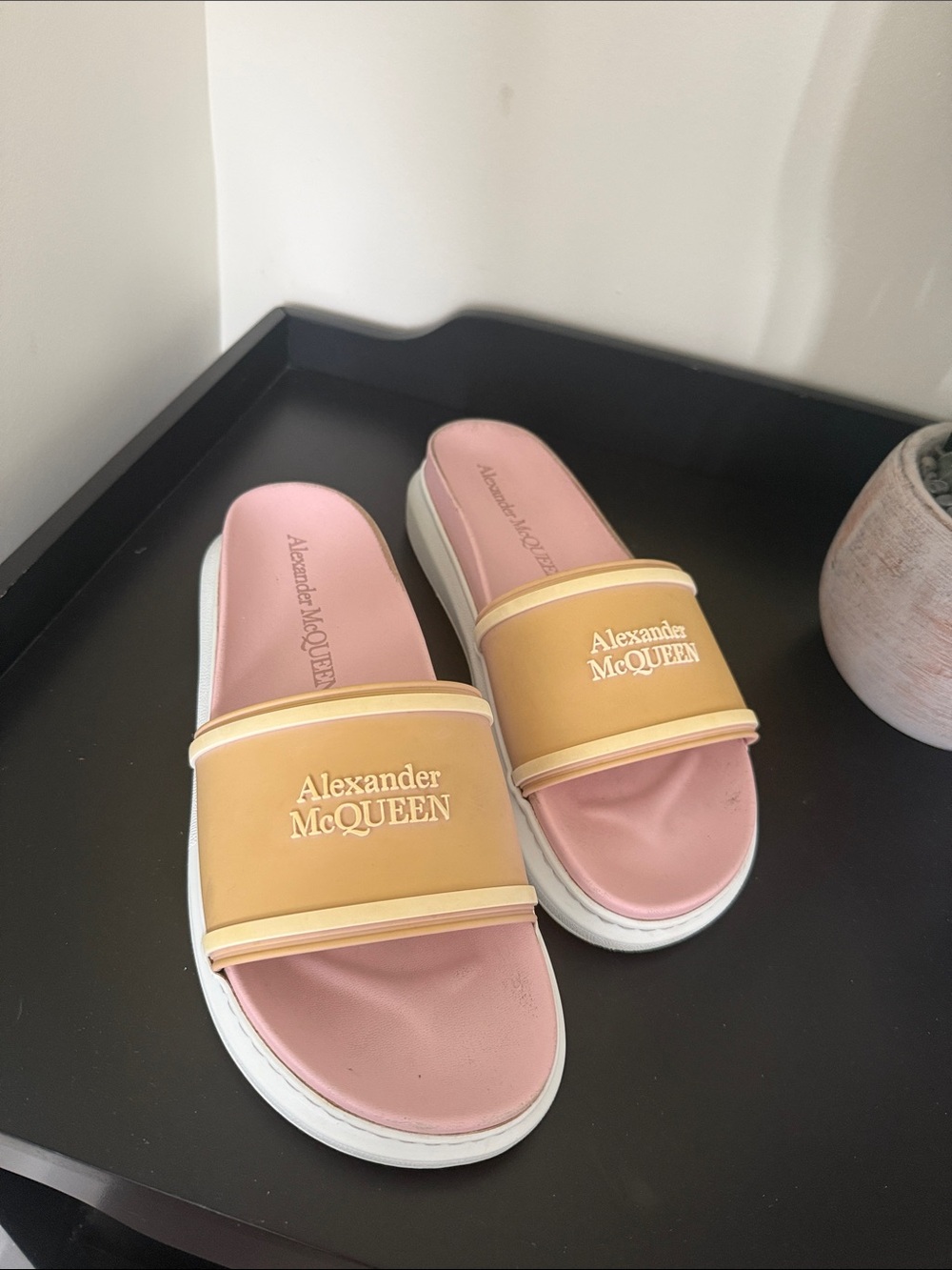 Alexander McQueen Pink & Beige Logo Slide Sandals